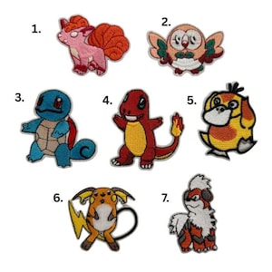 May include: A collection of seven embroidered patches featuring various cartoon creatures. The patches showcase a variety of colors, including pink, blue, red, yellow, and orange. Each patch has a detailed design and is likely intended for clothing or accessories.