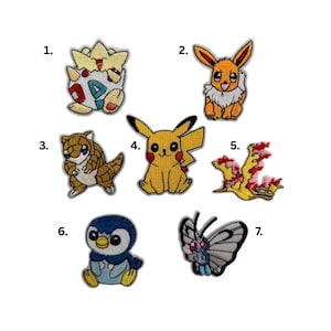 May include: Seven embroidered patches featuring various cartoon characters. The patches include a Togepi, Eevee, Sandshrew, Pikachu, a bird-like creature, a penguin, and a butterfly. Each patch has detailed stitching and vibrant colors.