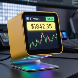 Può includere: Un display digitale giallo che mostra un grafico di criptovaluta con il testo "ETHUSDT" e "$1842.35". Il display è su un supporto argentato con una luce colorata. Altre apparecchiature informatiche sono sullo sfondo.