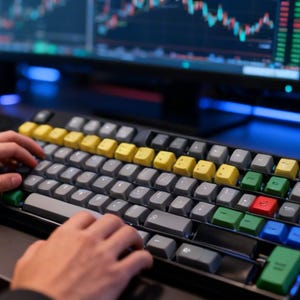 以下が含まれることがあります： 黄色、緑、赤、青など、さまざまな色のキーキャップが付いたメカニカルキーボード。金融データを表示するコンピューターモニターの前で使用されています。キーボードは黒色で、キーはグレーです。