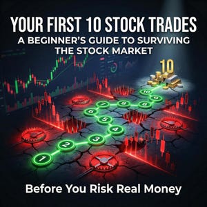 May include: An illustrated graphic with the text "YOUR FIRST 10 STOCK TRADES" and "A BEGINNER'S GUIDE TO SURVIVING THE STOCK MARKET." A path of glowing green circles leads to gold bars and coins, with red traps and stock charts in the background.