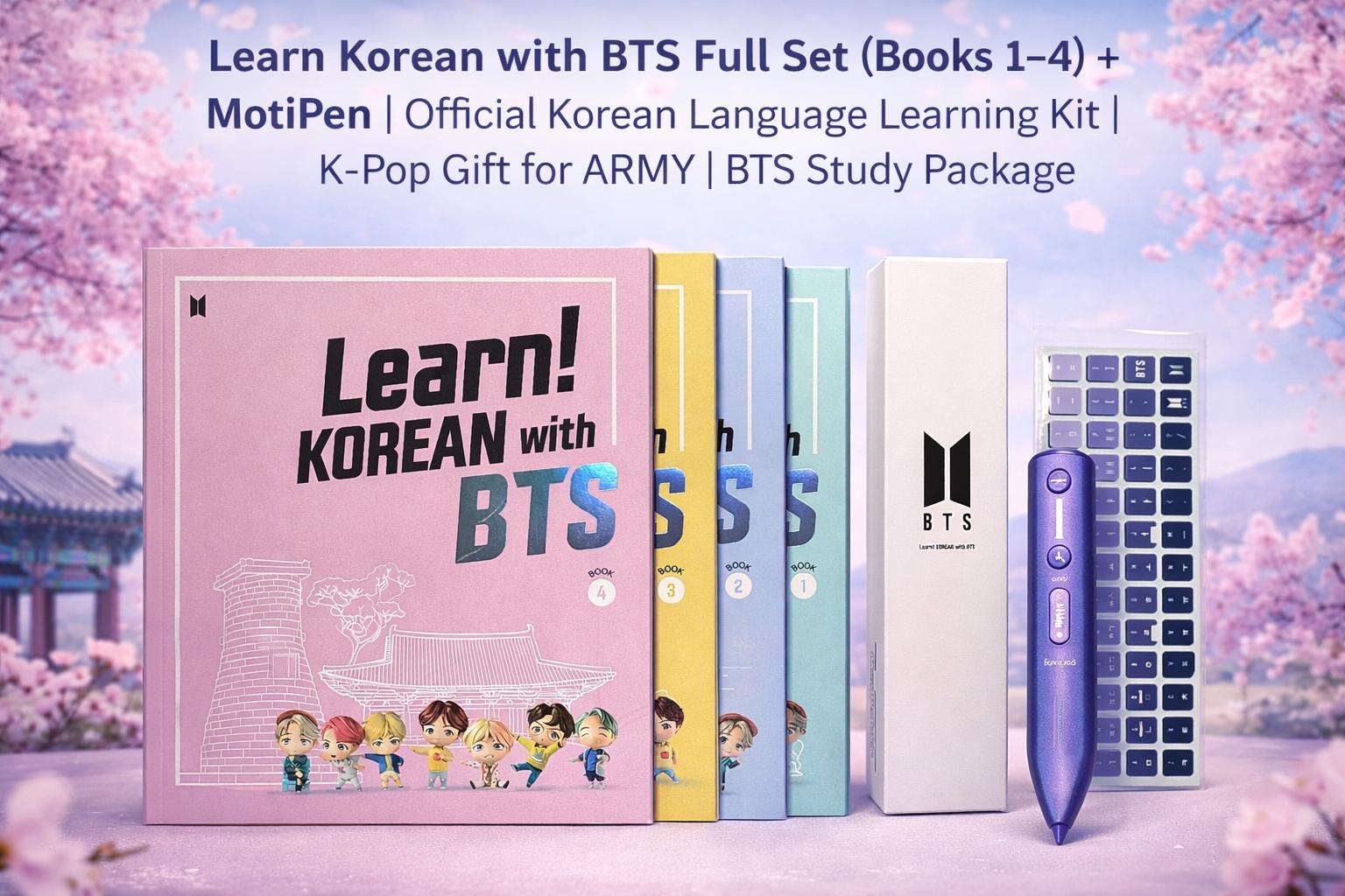 Learn Korean With BTS Full Set – Books 1-4, Moti Pen, Stickers