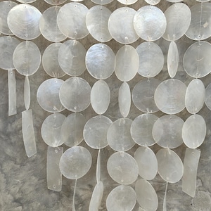 May include: A decorative wall hanging composed of numerous, iridescent, white, circular and oval shell pieces. The shells are strung together with thin, nearly invisible threads, creating a layered effect. Rectangular shell pieces are also included.