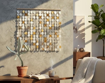 Gold white capiz shell wall decor, shell hanging art : Handmade bedroom wall hanging