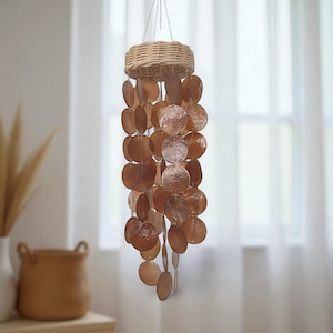 May include: A hanging wind chime featuring a woven basket top and numerous round, brown shell discs. The discs are strung together, creating a cascading effect. The wind chime hangs from a thin, white string, and is a decorative home accent.