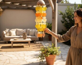 2 pcs of Ombre yellow capiz shell wind chime, orange coastal hanging decor : handmade beach house garden wind chime, boho outdoor ornament