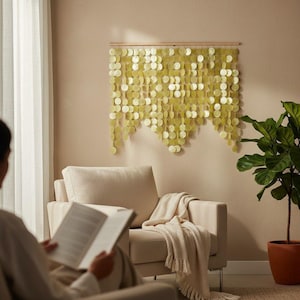 Enfeite de parede em conchas amarelas Capiz, arte de parede feita à mão: decoração de parede ecológica para quarto.