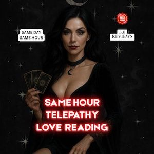 Könnte beinhalten: Illustration einer Frau, die Tarotkarten hält, mit dem Text "SAME HOUR TELEPATHY LOVE READING". Das Bild enthält auch den Text "SAME DAY SAME HOUR" und "5.0 REVIEWS."