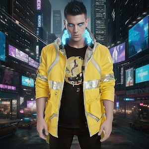May include: A yellow jacket with silver accents and a black t-shirt featuring a graphic design. The jacket has a futuristic design with a high collar and a zipper closure. The background is a futuristic city scene.
