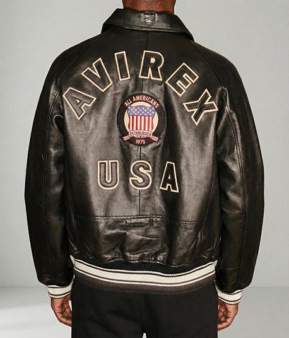 Men's Avirex Jacket | Black Sheepskin Leather Bomber Jacket | USA Aviator Flight Pilot Coat