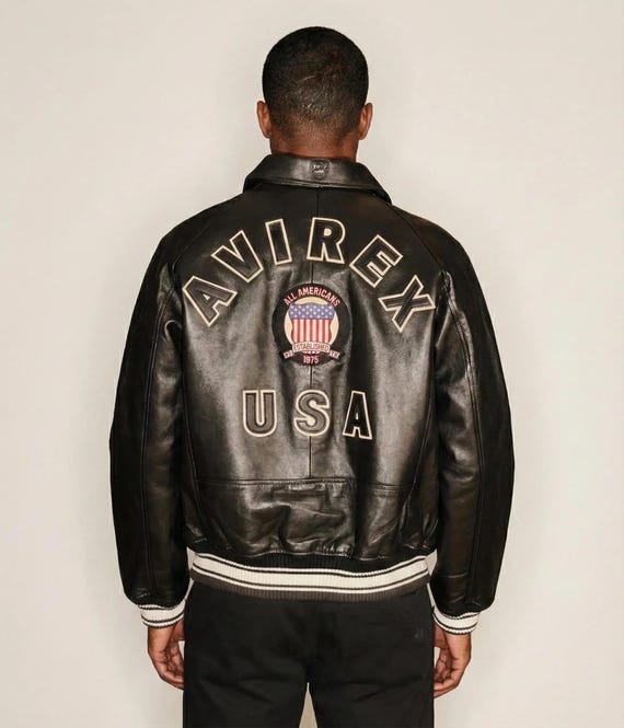 Men's Avirex Jacket | Black Lambskin Leather Bomber Jacket | USA Aviator Flight Pilot Coat