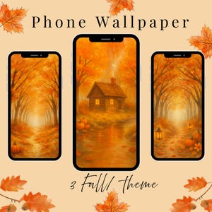 Autumn Phone Wallpaper Set | Cozy Fall Forest & Cabin Theme | Pumpkin Path Digital Download (3-Pack)