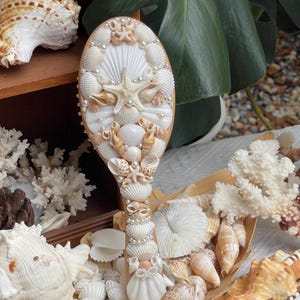 Op de afbeelding: Een ovale houten haarborstel versierd met diverse schelpen, zeesterren en parels. De borstel heeft een centrale zeester en is omgeven door witte en bruine schelpen. Extra schelpen en koraal zijn rond de borstel gerangschikt.