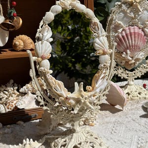 Handmade Seashell Pearl Vanity Mirror: 360 Rotating Mermaidcore Coastal Decor