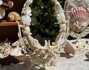 Schelpvormige make-upspiegel met parels, draaibare make-upspiegel in kuststijl, zeemeermindecoratie