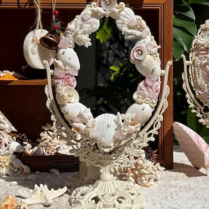 Handmade Seashell and Pearl Vanity Mirror: 360 Rotating Mermaidcore Decor, Ocean-Inspired Gift