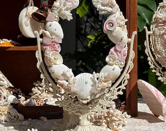 Seashell Vanity Mirror with Pearls, Coastal Rotating Makeup Mirror, Mermaid Decor