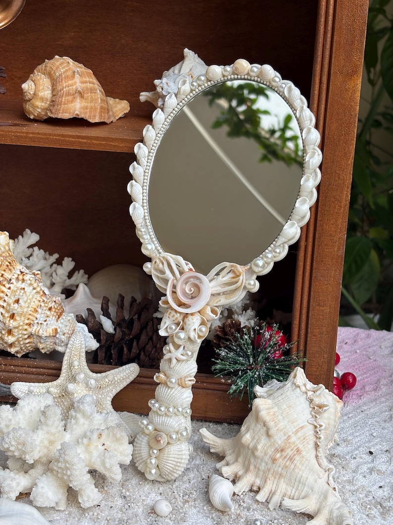 Handmade Seashell Mirror, Coastal Ocean Decor, Vanity Handheld (9.8x4.7 ...