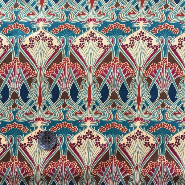 Tissu Liberty Tana pour gazon « Ianthe » - 16" de large x 19" (42 cm x 48 cm) - marron, bleu sarcelle