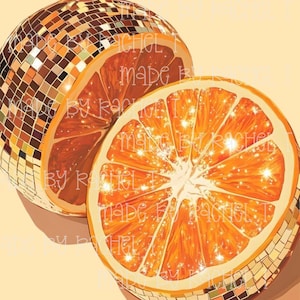 May include: An artistic illustration of two orange halves, one whole and one sliced, with a disco ball effect. The orange segments are bright orange with sparkling highlights, set against a light yellow background. The text "made by Rachel T" is visible.