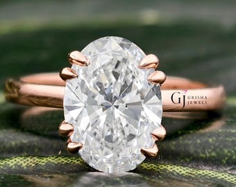 5 CT ovale lab-gegroeide diamanten solitaire ring, enorme CVD-diamant IGI-gecertificeerd, dubbele klauwtand verlovingsring, 14kt massief roségouden ring