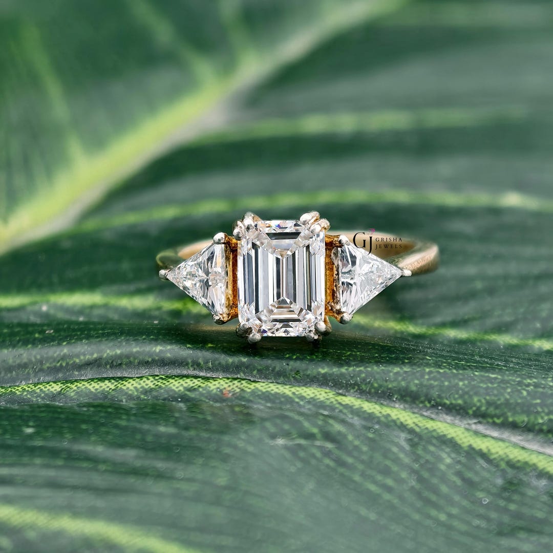 2 CT Emerald Cut Lab Grown Diamond Ring, Side Triangle Diamond, Three ...