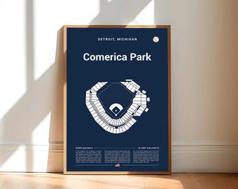 Comerica Park Stadium Print, Mid Century Modern Baseball Poster, Sports Bedroom Posters, Minimalist Office Wall Art
