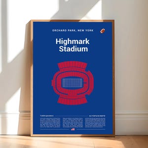 Può includere: Un poster incorniciato con sfondo blu e le parole "Highmark Stadium" in bianco. Un grafico dello stadio rosso è centrato sotto il testo. La parte superiore del poster recita "Orchard Park, New York" con una grafica di football. Il poster è appoggiato a un muro.
