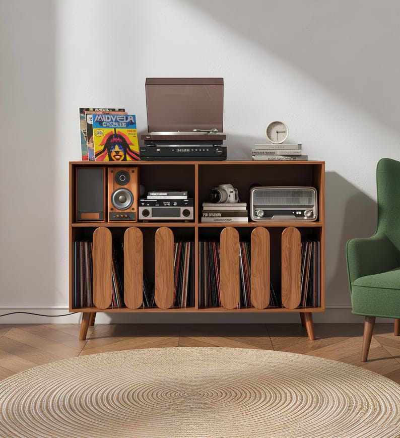 Mid Century Modern Record Player Stand Vinyl Storage Wood Turntable ...