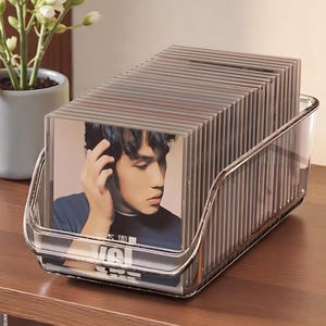 Può includere: Un organizer in plastica trasparente pieno di CD. Le custodie dei CD presentano la foto di un giovane. L'organizer è su una superficie di legno, con una pianta in vaso sullo sfondo.