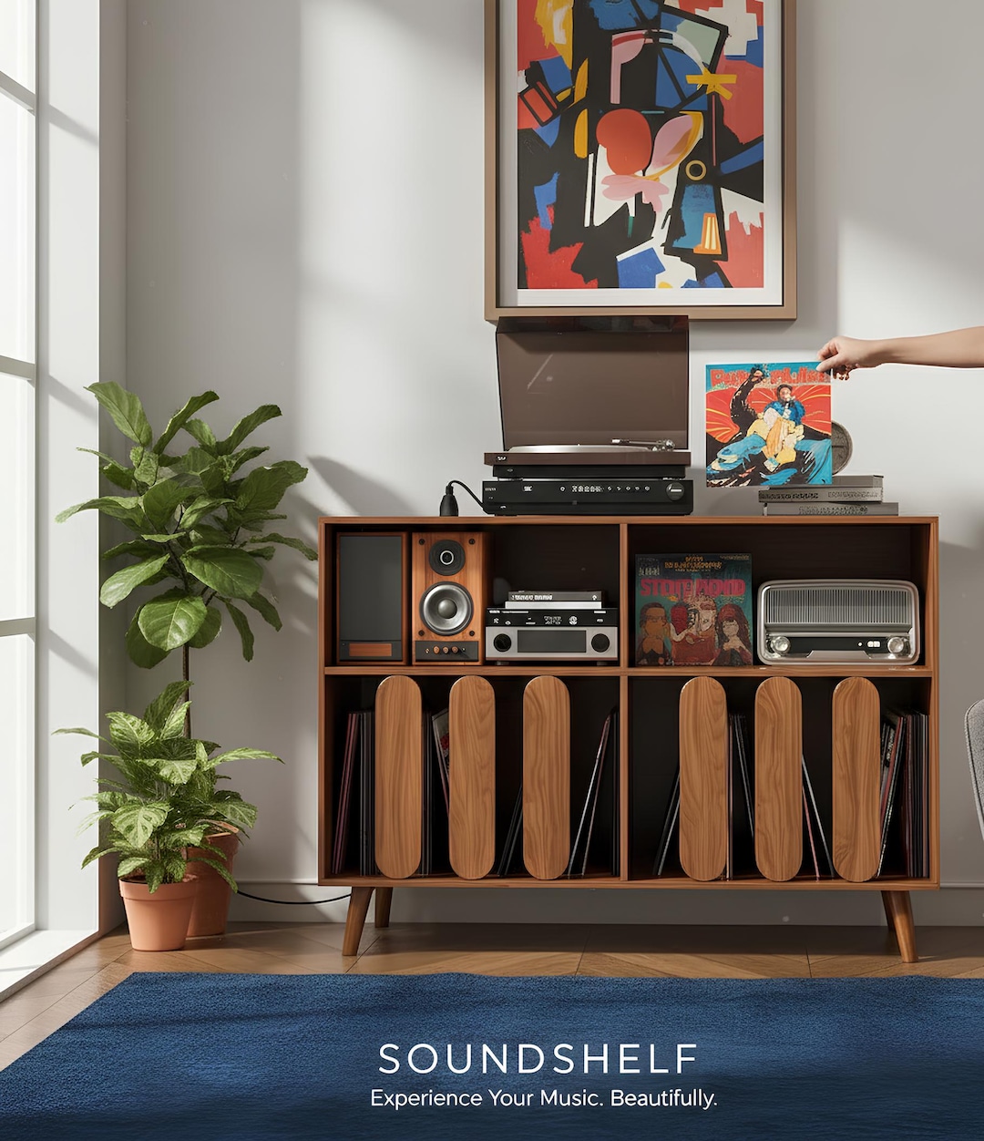 Mid Century Modern Record Player Stand Vinyl Storage Wood Turntable ...