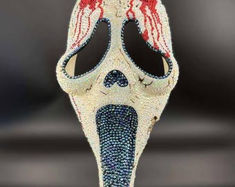Hand Rhinestoned Demon Ghost Mask – 3D Printed Horror Art, Gothic Cosplay Mask, Rhinestone Wall Décor, Alternative Costume Piece