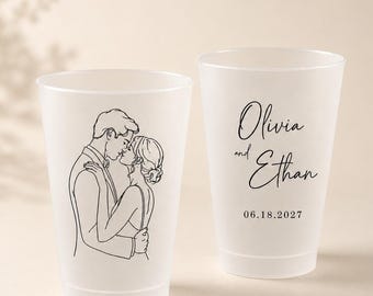 Personalized Frosted Wedding Cups, Custom Couple Line Art, Names and Date