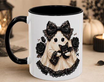 Leopard Bow Ghost Mug, Gothic Black Cat Halloween Cup, Spooky Coquette Gift for Her, Goth Girl Cat Mom Gift, 11oz 15oz