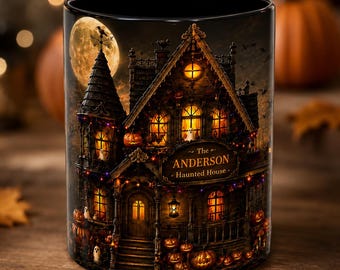 Personalized Haunted House Mug, Custom Last Name Halloween Mug, Gothic Mansion Black Coffee Cup, Spooky Season Gift, 11oz 15oz