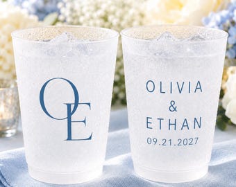 Personalized Frosted Wedding Cups, Double-Sided Monogram, Names, Date