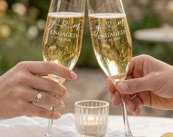 Personalized Engagement Champagne Flutes, Custom Initials and Date, Engaged Couple Gift, Wedding Toasting Glasses Set of 2