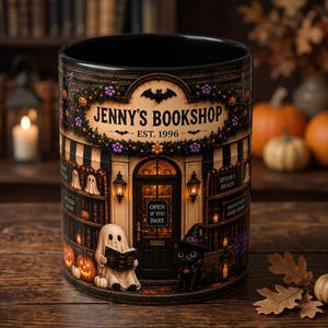ハロウィンの書店マグカップ、名前と年号をカスタマイズ可能、ヴィンテージ風の読書好きのためのコーヒーカップ