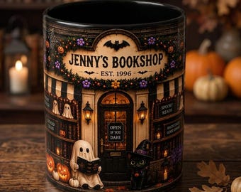 Personalized Halloween Bookshop Mug, Custom Name and Year, Vintage Book Lover Coffee Cup