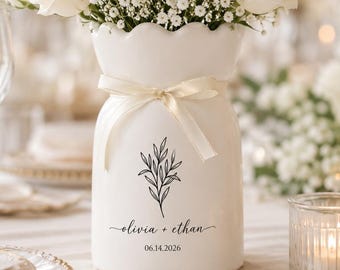 Custom Ceramic Botanical Flower Vase, Personalized Wedding Vase Gift for Newlyweds, Engagement Anniversary Keepsake, Bridal Shower Decor