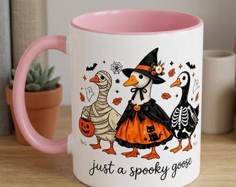 Funny Halloween Goose Mug, Just a Spooky Goose Coffee Cup, Cute Witch Mummy Skeleton Gift
