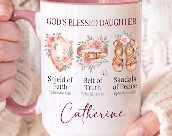 Personalisierte Tasse mit Blumenmuster und dem Bibelvers „Rüstung Gottes“, christliches Geschenk, Tasse mit Bibelvers aus Epheser 6