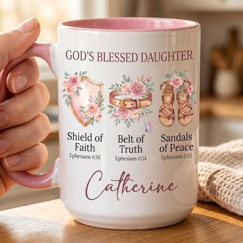 May include: White ceramic mug with a pink interior and handle. The mug features the text "GOD'S BLESSED DAUGHTER" and illustrations of a shield, belt, and sandals, along with the name "Catherine". Floral accents and script font add to the design.