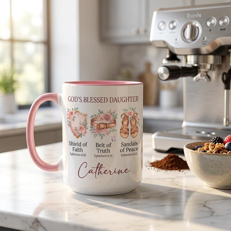 May include: White ceramic mug with a pink handle and rim, featuring the text "GOD'S BLESSED DAUGHTER" and floral illustrations. The mug includes the name "Catherine" and references to Ephesians. A coffee machine and a bowl of cereal are in the background.