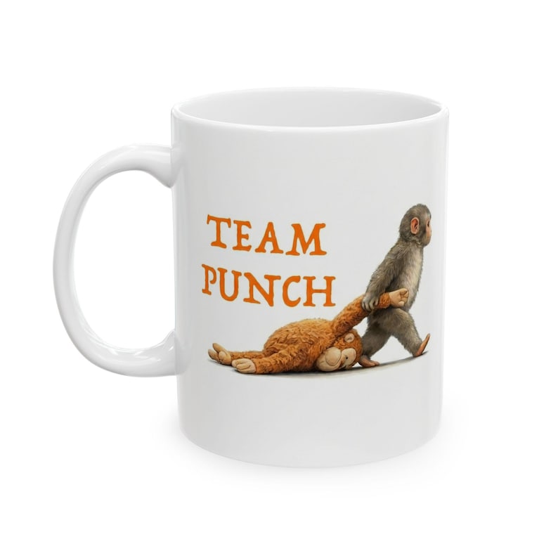 Team Punch Monkey Mug, Viral Baby Macaque Coffee Cup, Emotional Support Orangutan Gift, Cute Animal Meme Merch for Introvert Friend 11/15oz White