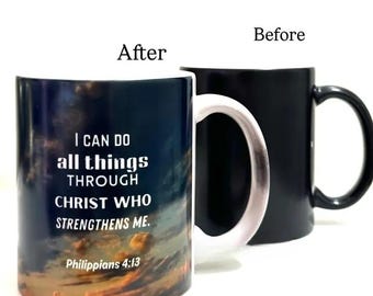 Philippians 4:13 Color Changing Mug, Christian Magic Coffee Cup, Religious Gift for Women Men, Baptism Confirmation Gift, Bible Verse Mug