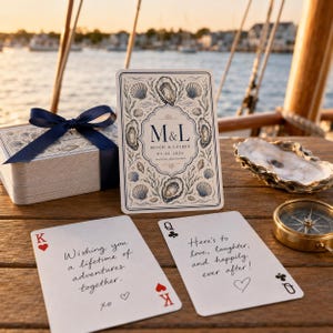 Pu&ograve; includere: Un mazzo di carte da gioco personalizzato con un bordo di conchiglie nautiche e il testo M&L, Mitch & Lauren, 09.26.2026, Nantucket, Massachusetts. Due carte mostrano messaggi scritti a mano e un nastro blu navy avvolge la scatola.
