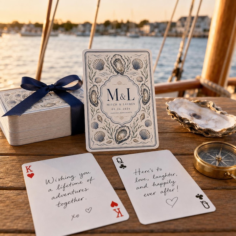 Pu&ograve; includere: Un mazzo di carte da gioco personalizzato con un bordo di conchiglie nautiche e il testo M&L, Mitch & Lauren, 09.26.2026, Nantucket, Massachusetts. Due carte mostrano messaggi scritti a mano e un nastro blu navy avvolge la scatola.