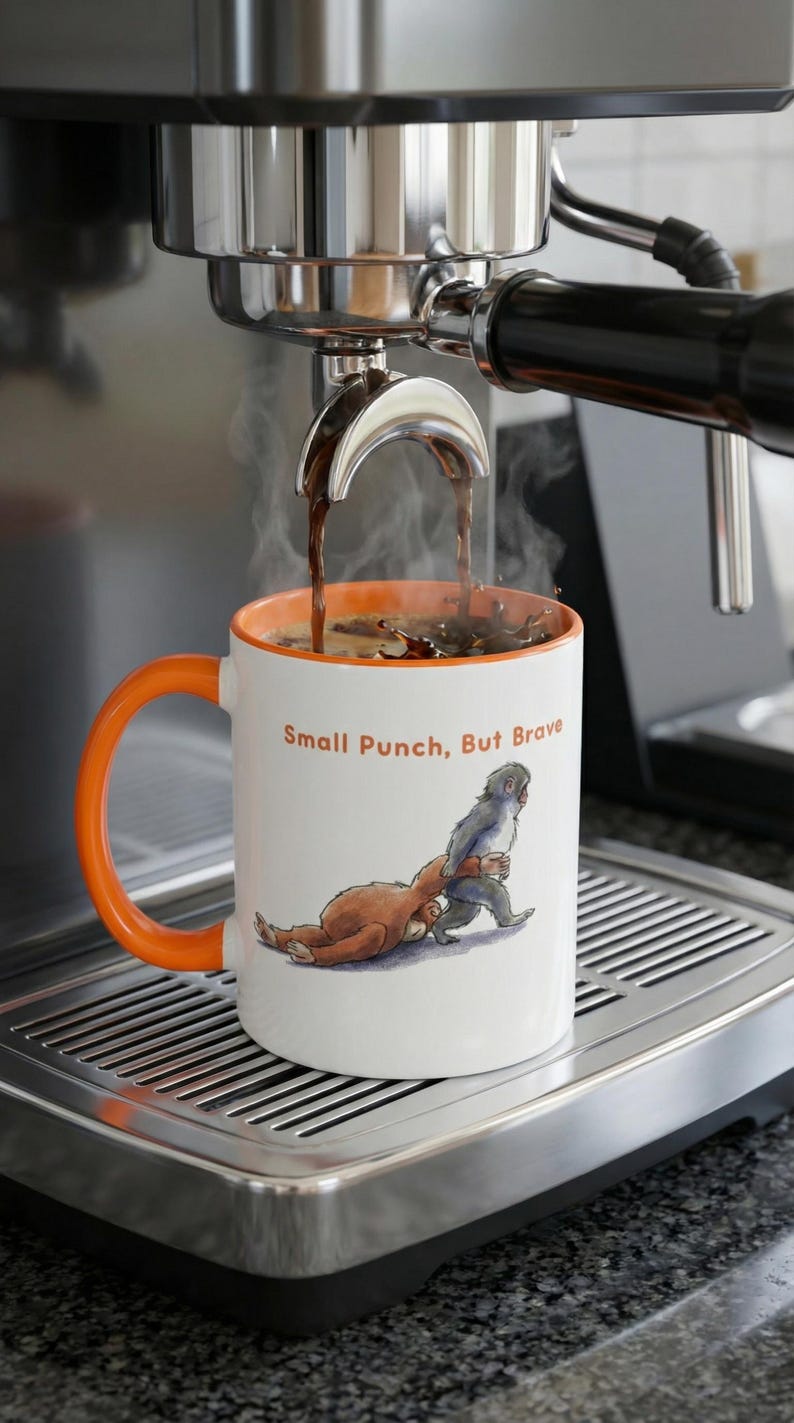 May include: A white ceramic mug with an orange handle and interior is filled with coffee from an espresso machine. The mug features a cartoon illustration of two creatures and the text "Small Punch, But Brave."