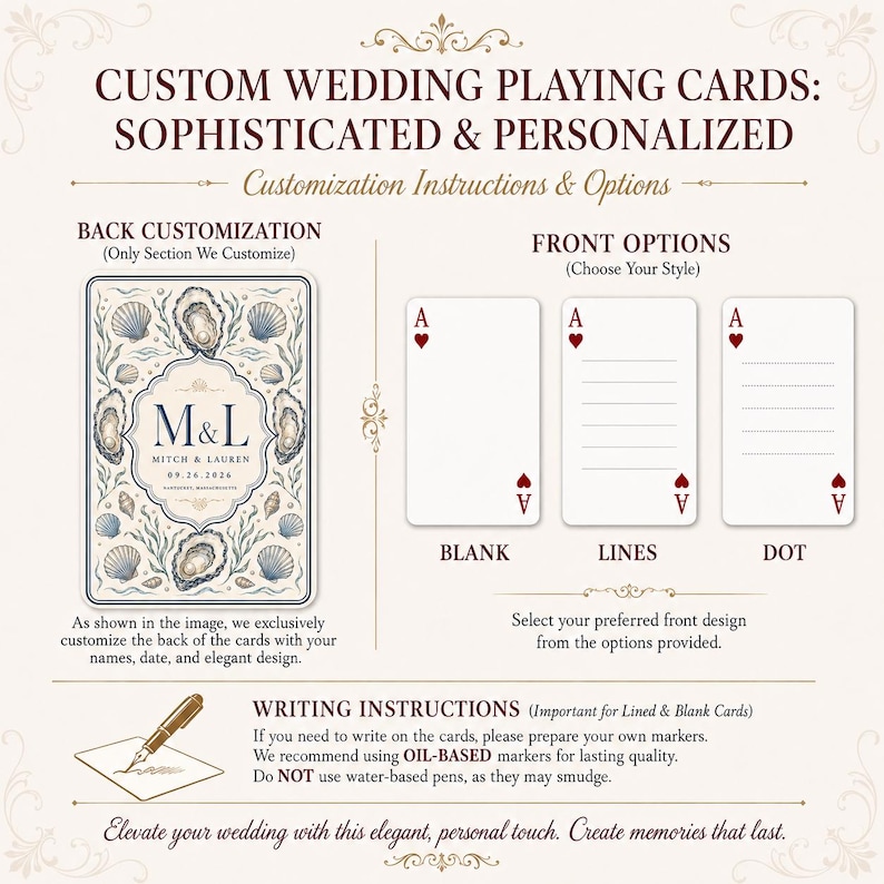 Pu&ograve; includere: Carte da gioco personalizzate per matrimoni con un design sul retro di ostriche, conchiglie e il testo M&L Mitch & Lauren 09.26.2026. Le opzioni frontali includono stili vuoti, a righe o a punti con un asso di cuori. Include istruzioni per pennarelli.